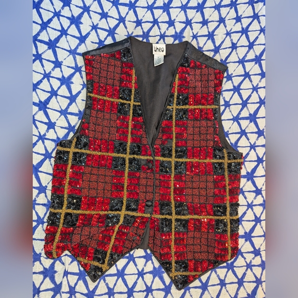 Vintage 70s 80s Theo Black & Red Plaid Heavily Sequined Vest Adult Small Beads - Picture 2 of 8